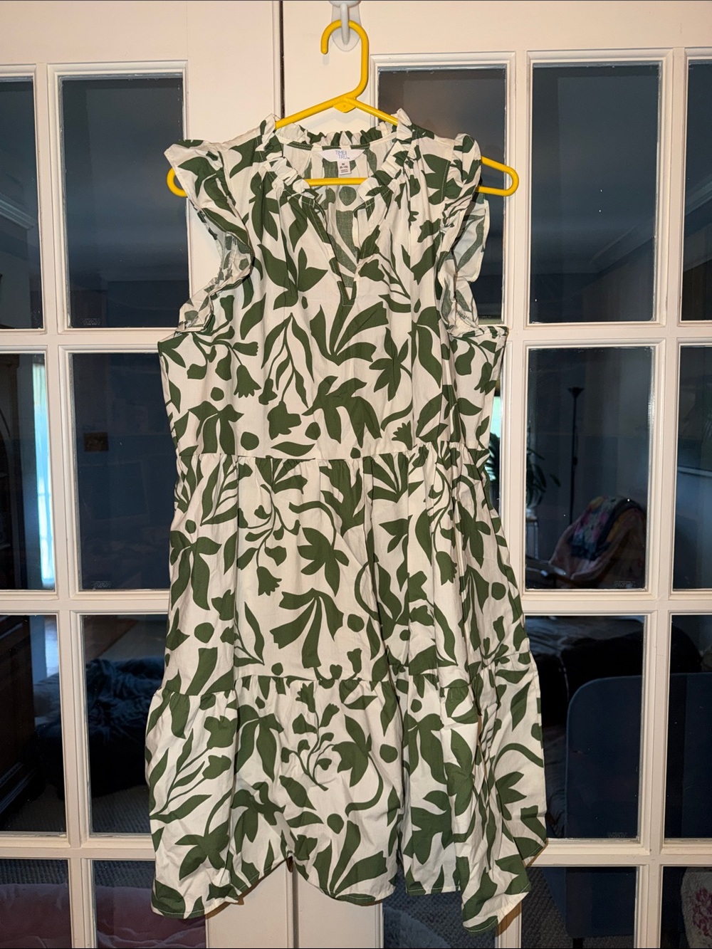 Time and Tru White Dress with Olive Green Leaf Print